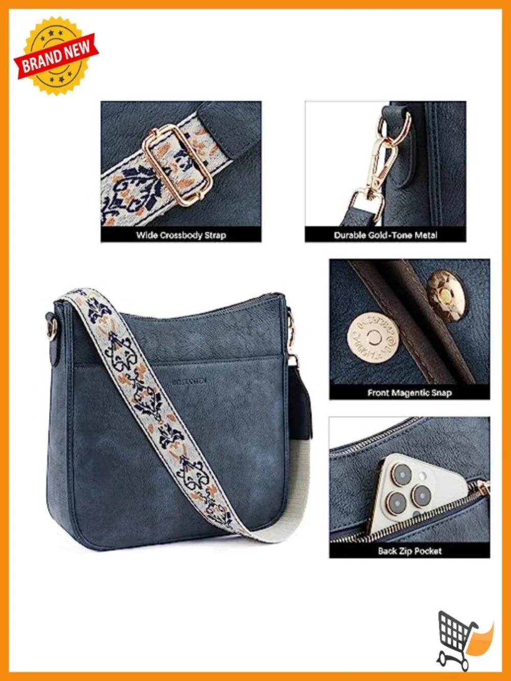 Vegan Leather Crossbody Hobo Bag Wide Strap